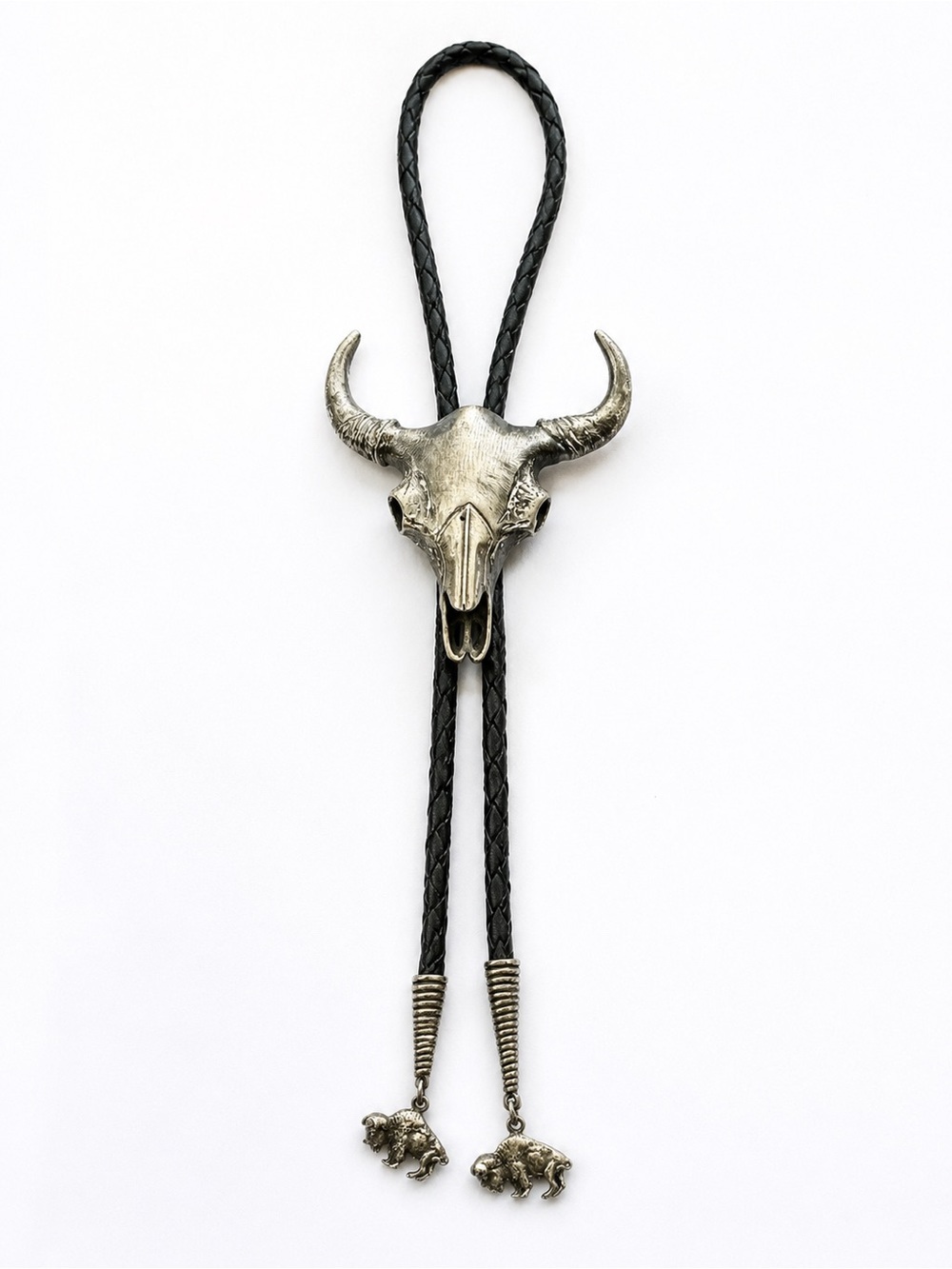 Sterling silver Vintage R. Sereno hugeBuffalo Skull Bolo Tie Western Leather 925